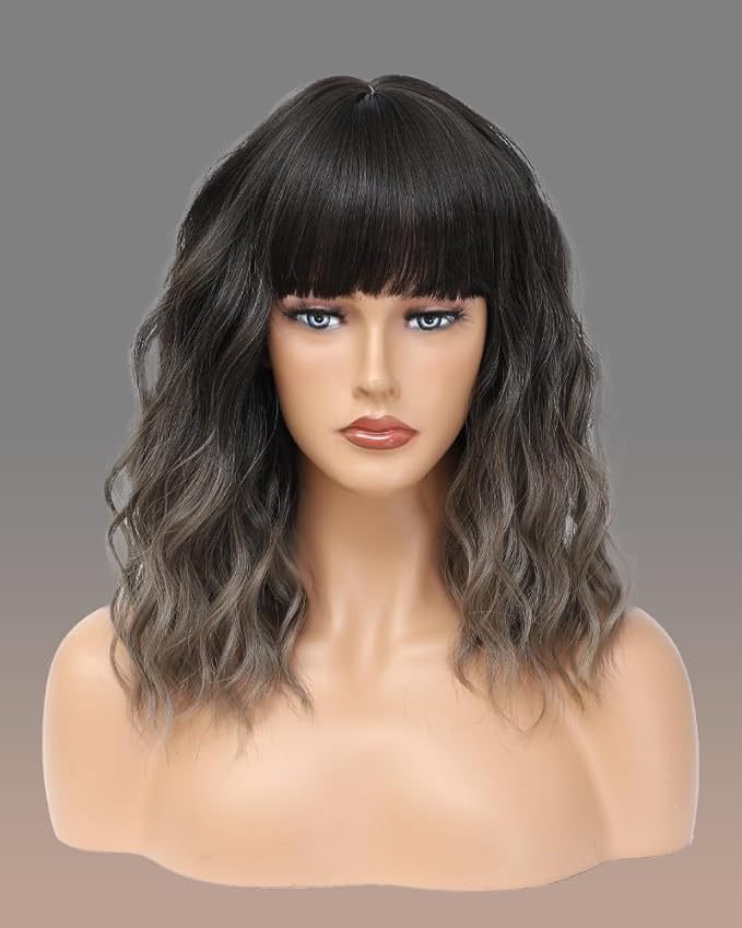 WAVE&BREEZE Short Gray Wigs with Bangs 14Inch Ombre Grey Mixed Brown Curly Bob Wig for Women Shoulder Length Natural Looking Hair Replacement Wig for Daily Party Use Cosplay Costume Halloween Wig