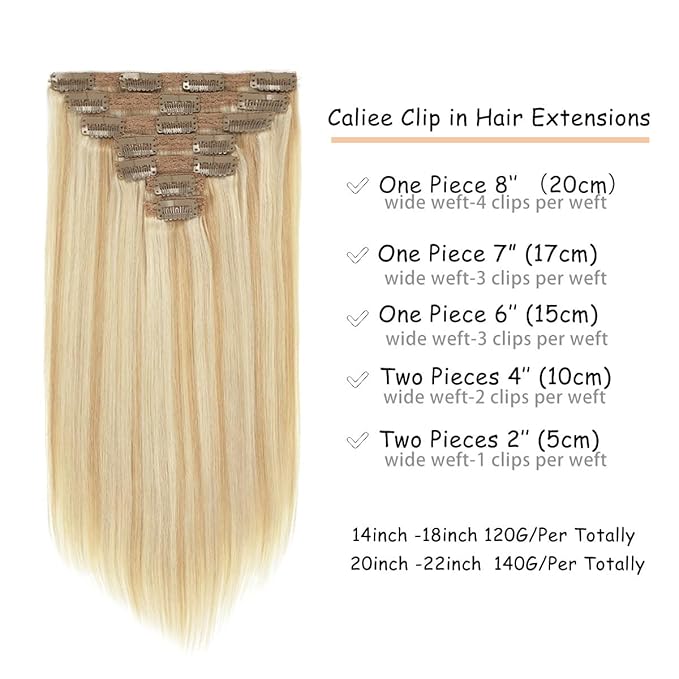 Caliee 14Inch Clip in Hair Extensions Human Hair for Women Double Weft Lace Highlight P12-60A Light Golden Brown Mixed Platinum Blonde Real Hair Clip in Hair Extensions 7PCS 120G