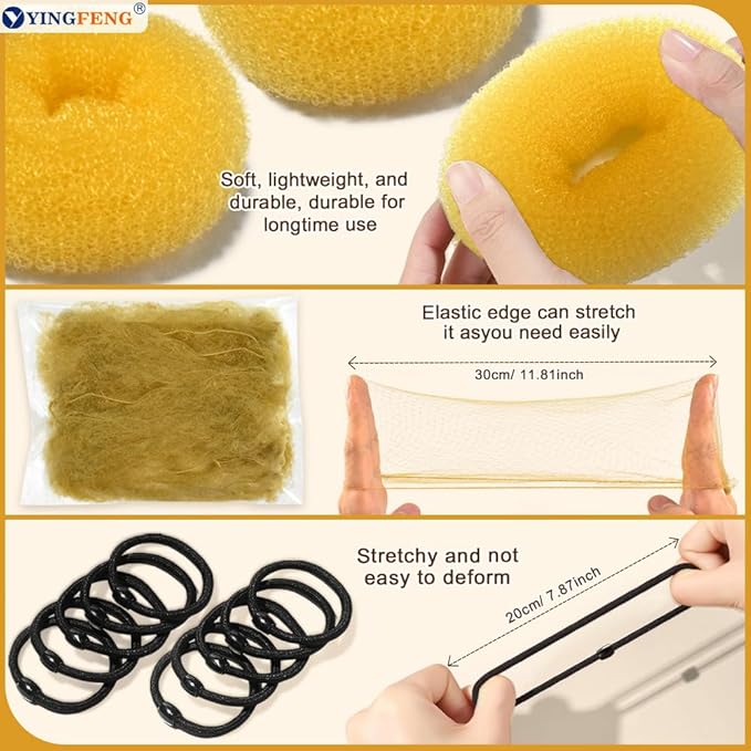 YINGFENG 134 Pcs Gold Hair Bun Maker Kit Medium - 4 Bun Hair Pieces for Women, 20 Hair Net for Buns, 100 Bobby Pins for Women, 10 Hair Bands, for Ballet Styling, Hair Accessories for Girls
