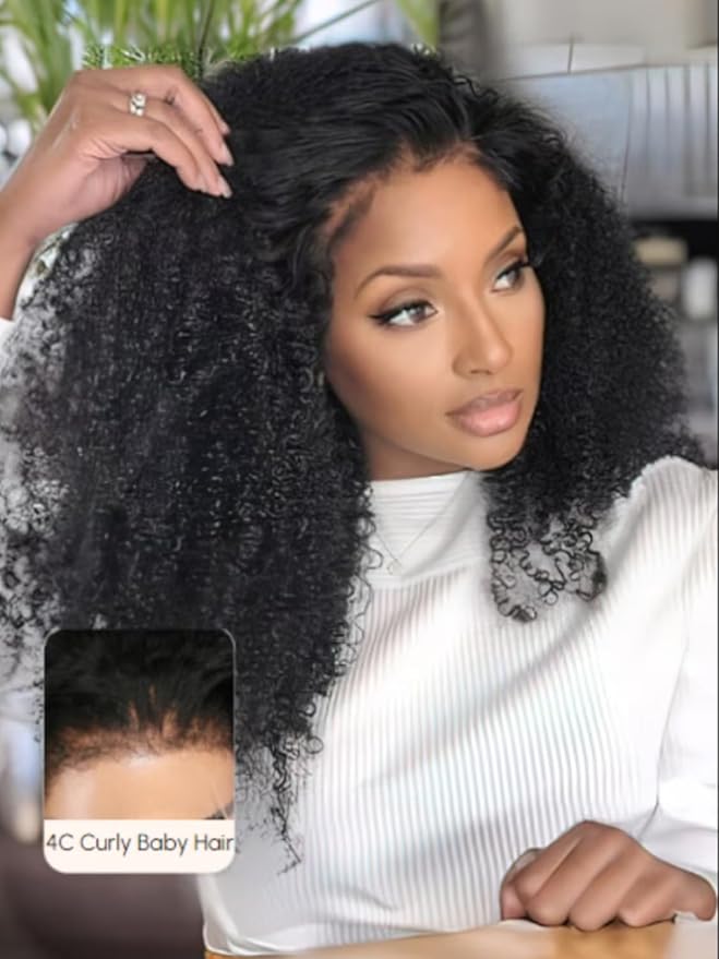 Sunber 4C Kinky Curly Bye Bye Knots Pre Cut Lace 7x5 Lace Front Glueless Curly Put On Go 3S Wear Afro Curly Human Hair Wig Pre Bleached Invisible Knots 150% Density Pre Plucked with Baby Hair 16Inch