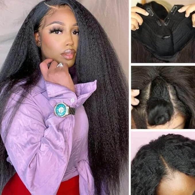 Julia Hair V Part Human Hair Wig Kinky Straight for Women Glueless Wigs Brazilian Virgin Human Hair Wigs Upgrade Upart Wig No Leave Out No Glue No Sew Natural Black Beginner Friendly 26 Inch