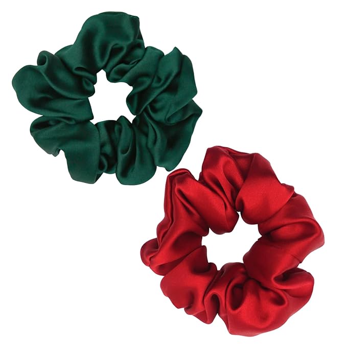 Pure Silk Scrunchies, 100% Mulberry Silk Hair Elastic for Women, Anti-Crease, Gentle on Hair (2, Red&Green)