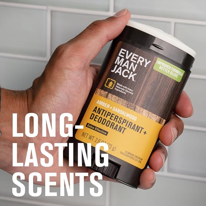 Every Man Jack Men’s Amber + Sandalwood Antiperspirant Deodorant – New & Improved Formula – 48-Hour Odor & Sweat Defense– 2.6 oz (2 Pack)