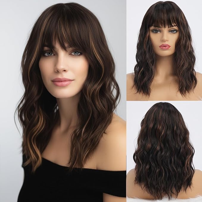 Dark Brown Wigs with Highlights for Women Synthetic 16 inch Medium Length Wigs with Bangs Natural Long Wavy Fringe wig Heat Resistant Hair for Daily Party Use (16 inch)