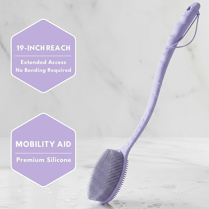 Long Handle Back Scrubber for Shower - 19 inch Extended Reach Silicone Body Brush - Avilana Bath Scrubber Extended Reach Tool - Easy Grip Body Wash Brush Gift