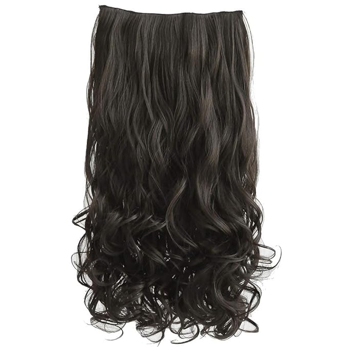 REECHO 18" 1-Pack 3/4 Full Head Curly Wavy Clips in on Synthetic Hair Extensions HE008 Hairpieces for Women 5 Clips 4.0 Oz per Piece - Black Brown