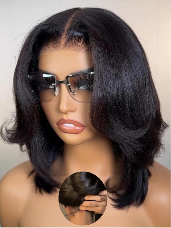 Julia Hair 10 Inch Yaki Straight Drawstring Wigs Human Hair Put On and Go Glueless Bob Wig 7x5 Bye Bye Knots Pre Plucked Pre-Cut Lace Closure Wig Beginner Friendly Black Short Yaki Bob Bleached Knots
