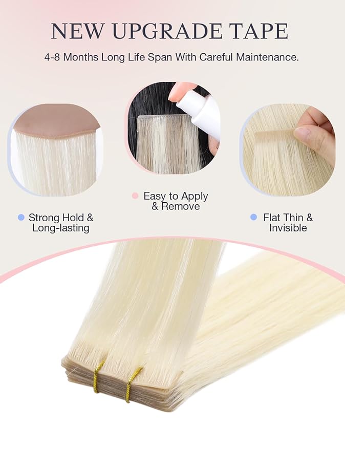 DOORES Invisi Edge Tape in Hair Extensions Real Human Hair, Platinum Blonde 10 Injection Tape-ins with 10 Injection Tape-ins 50g 20 Inch, Injected Tape in Extensions Straight