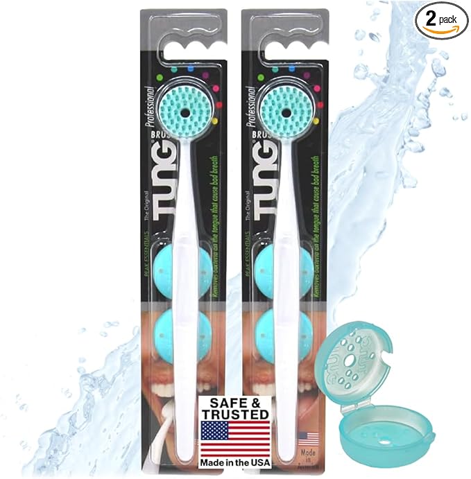 Tung Brush Tongue Cleaner, Plastic Tung Scraper, Tongue Cleaning to Fight Bad Breath, Halitosis Defense, USA Made, 2-Pack w/Cap