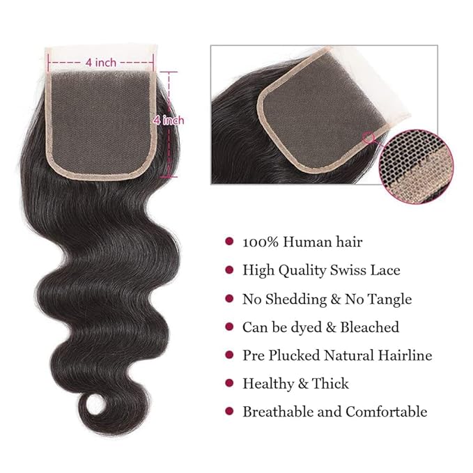 Brazilian Human Hair Body Wave 3 Bundles with Closure Body Wave 100% Unprocessed Virgin Hair Bundles with 4x4 Lace Closure Free Part Natural Color Body Wave (16 18 20 +14, Natural Color)