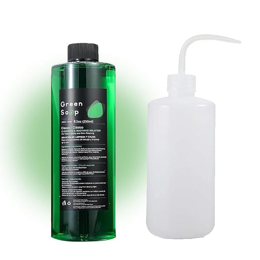 Green Soap Tattoo Cleaner Kit 8.5oz Ultra Concentrated Tattoo Soap + 8.5oz Squeeze Bottle — Professional Skin Prep & Piercing Aftercare for Tattooing Artists & Beginner
