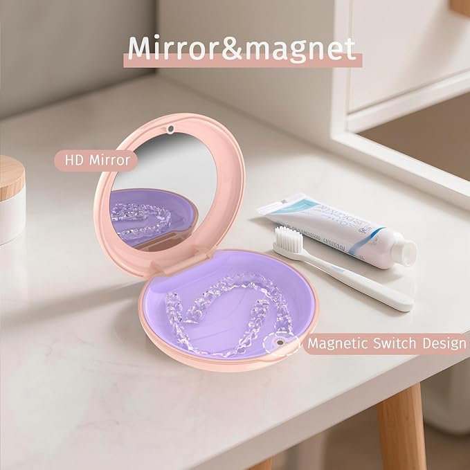 2Pack Retainer Case with Mirror, Compatible with Invisalign, Orthodontic Aligner Case with Removal Tool and Brush, Pink
