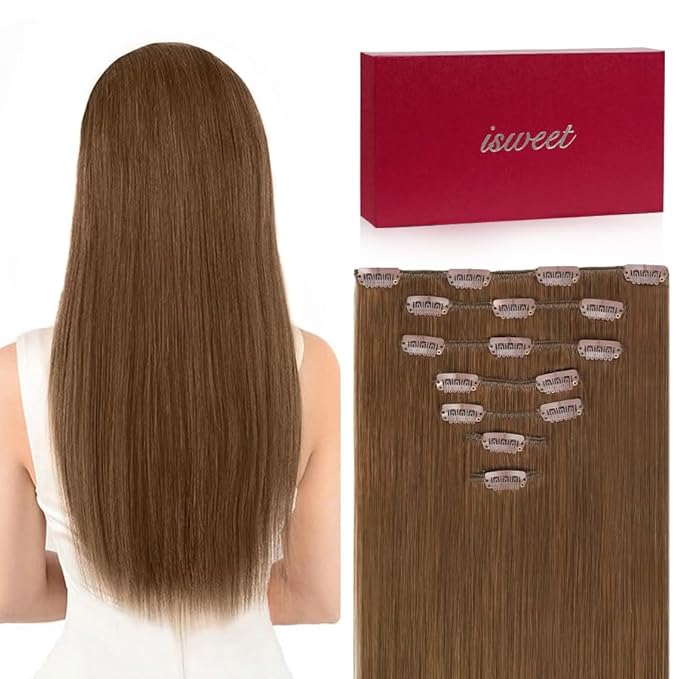 Straight Clip in Hair Extensions Real Human Hair, 7Pcs 22 Inch 120g #8 Ash Brown Invisible Natural Soft Real Human Hair Extensions Clip ins, Double Weft Hair Extensions Real Human Hair for Women