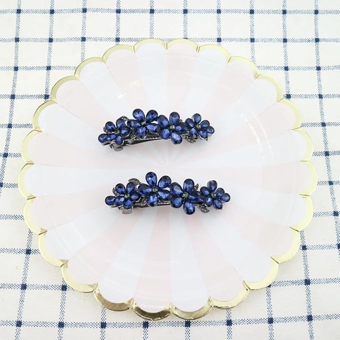 2PCS Exquisite Sparkling Rhinestone 4 Flower Hair Clips, Non-Slip Alloy Hair Accessories for Women & Girls, Ideal for Party, Wedding & Daily Wear (Dark Blue)