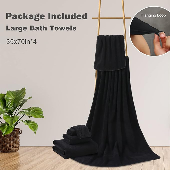 Black Bathroom Towels Set Of 4, 35x70 Inches Oversized Bath Towels Extra Large Microfiber Shower Towels Textured Ultra Soft Absorbent Quick Dry Towel Bath Sheets Towels For Adults Bathroom Hotel Spa
