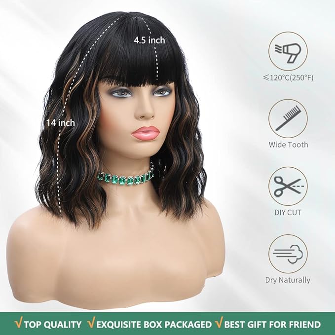 WAVE&BREEZE Black Mixed Brown Highlights Wigs for Black Women Short Wavy Curly Wig With Bangs Natural Looking Synthetic Hair Wigs Heat Resistant Fiber Wig for Daily Party