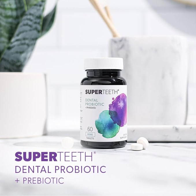 SuperTeeth Oral Probiotic for Kids & Adults | Supports Healthy Teeth, Gums, & Oral Health | Freshens Bad Breath & Fights Cavities with BLIS M18 & Lactobacillus Reuteri | 60 Mint Chewable Tablets