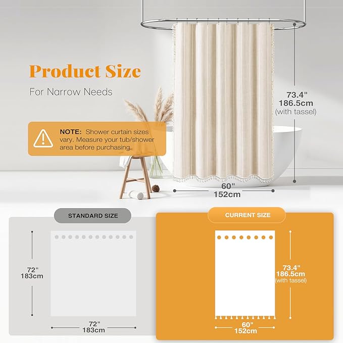 BTTN Stall Shower Curtain - 60x72 Narrow Boho Farmhouse Linen Vintage Striped Fabric Shower Curtain Set with 10 Hooks, Bohemian Cottage Decorative Heavy Duty Shower Curtains for Bathroom - Cream/Beige