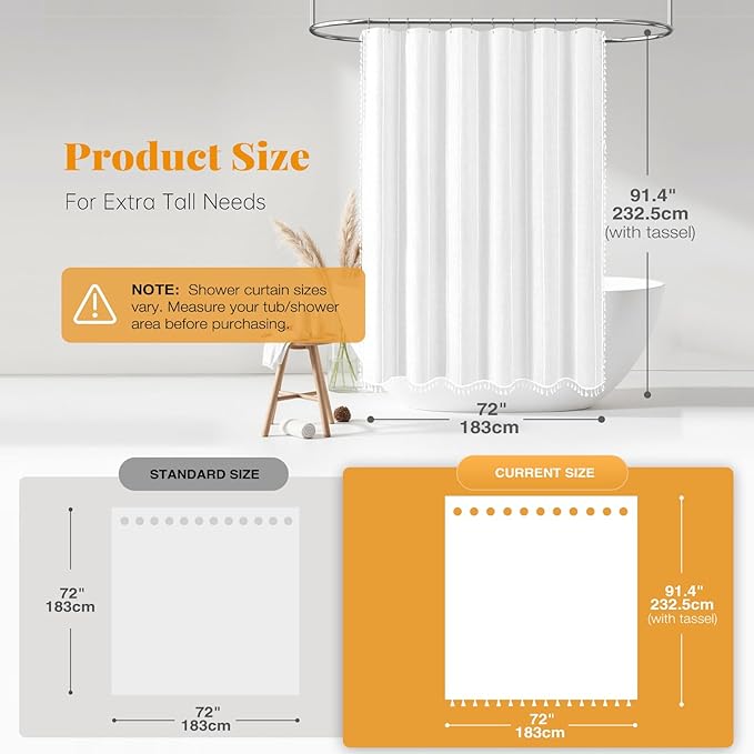 BTTN Boho Farmhouse Shower Curtain - Linen Rustic Heavy Duty Striped Fabric Shower Curtain Set, Bohemian Vintage Country Cloth Shower Curtains for Bathroom, White, 72" W x 90" L (Pack of 1)