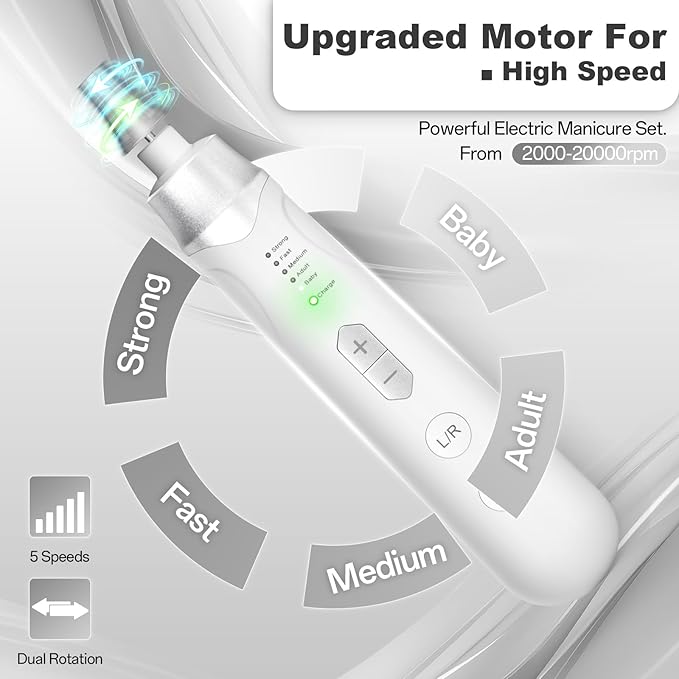 Electric Nail File Drill, Cordless 2000 mAh Rechargeable Nail Filer Electric, Portable Nail Dril Machine Drill for Nails Acrylic Manicure and Thick Toenails Buffer Grinder Care Professional (Silver)