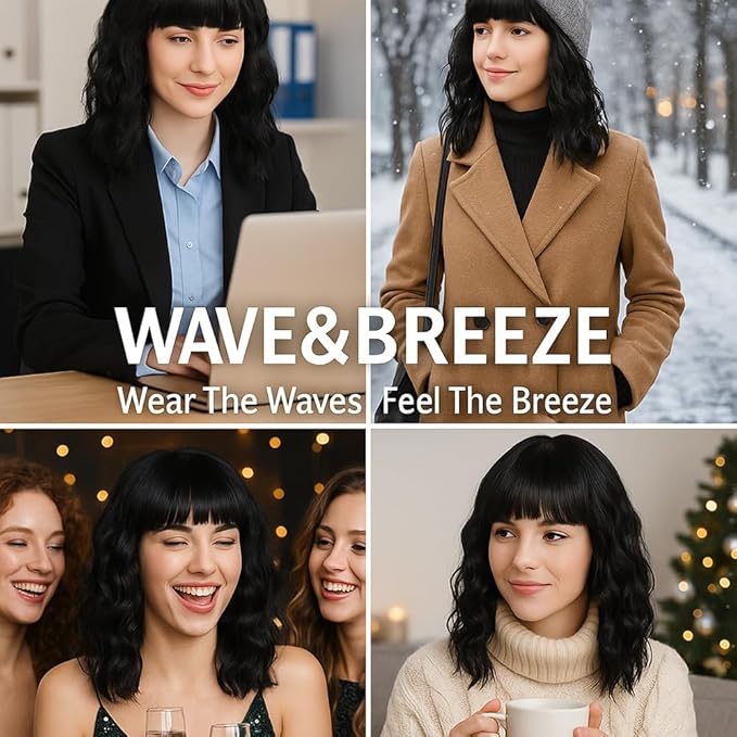 WAVE&BREEZE Short Black Bob Wigs with Bangs for Women 14Inch Curly Natural Looking Synthetic Hair Wig for Daily Party Costume