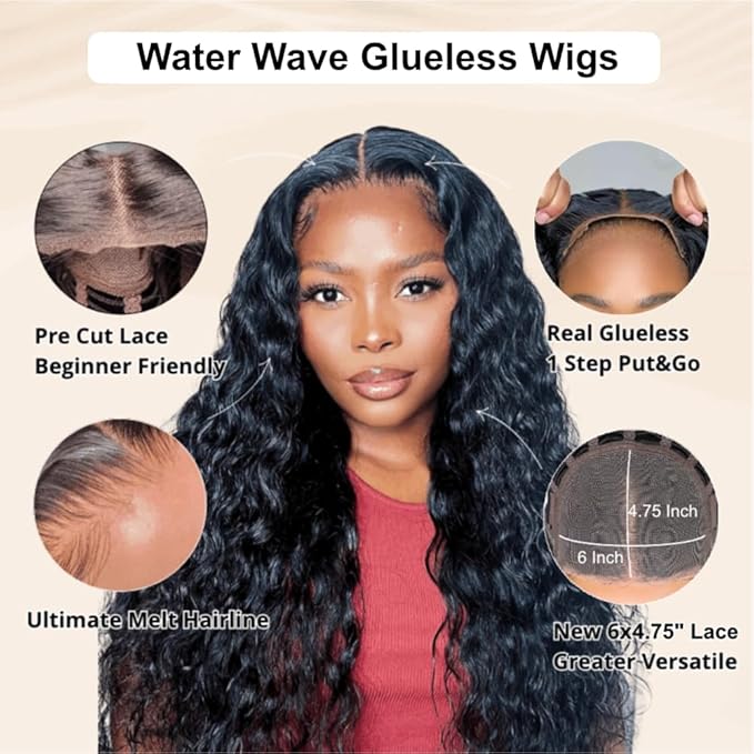 Julia Hair 12A Bye Bye Knots Glueless Wig Water Wave 7x5 Pre Cut HD Lace Closure Wigs Human Hair Wear and Go Pre Plucked for Beginners Wet Wavy Lace Front Wigs Brazilian Hair Natural 18 Inch