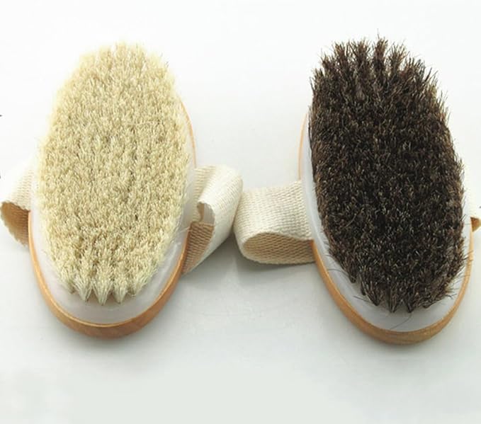 Wooden Soft Horsehair Mane Natural Bristles Bath & Shower Brush, 5x2.8 Inch Oval Shape Dry Body Brush Scrubber for Exfoliating, Detox and Cellulite, etc. (White Horsehair)