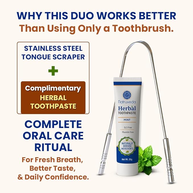 Tongue Scraper for Adults with Herbal Toothpaste, 100% Stainless Steel, Reduce Bad Breath, Tongue Scrubber, Easy to Use, Tongue Cleaner for Oral Care & Hygiene (Stainless Steel Tongue Scraper, 3 Pack)