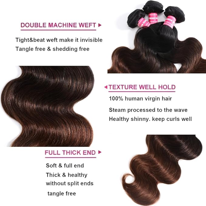 UNICE Chestnut Brown Ombre Body Wave Human Hair Weave 3 Bundles 14 16 16 inch Brazilian Remy Human Hair Wavy Sew in Human Hair Extensions