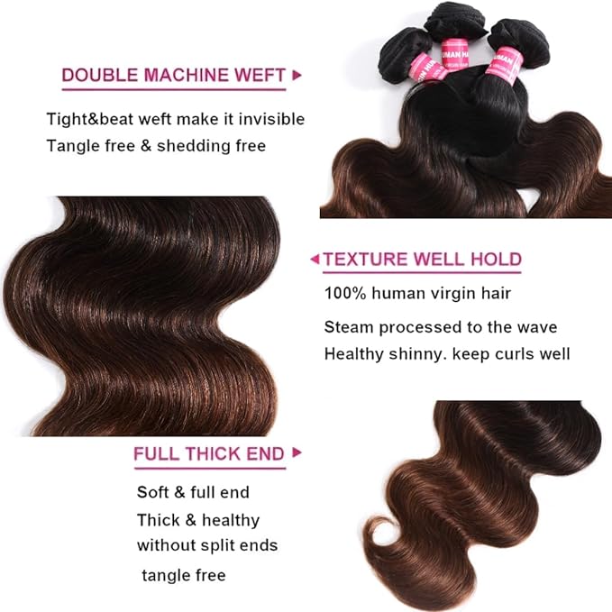 UNICE Chestnut Brown Ombre Body Wave Human Hair Weave 3 Bundles 12 12 14 inch Brazilian Remy Human Hair Wavy Sew in Human Hair Extensions