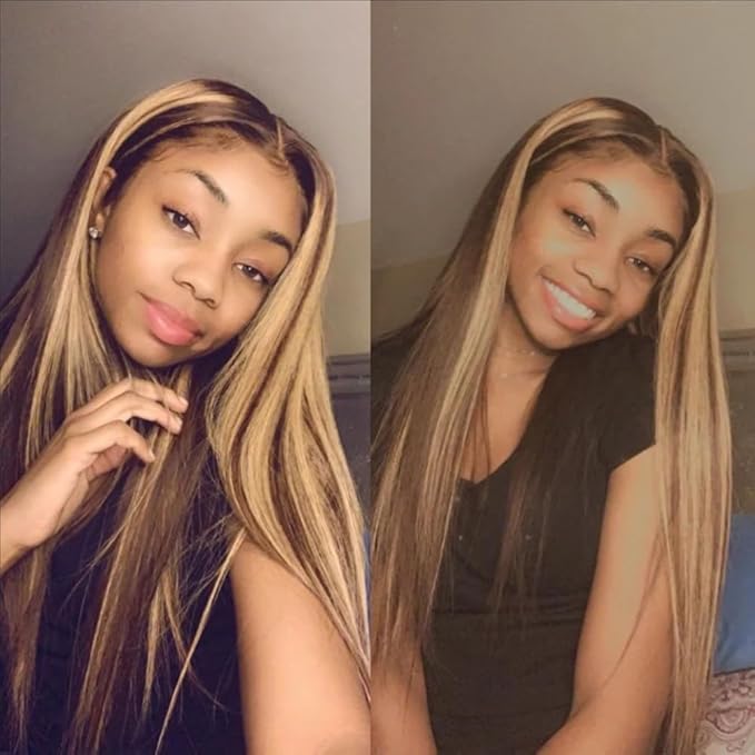 Tuneful 28 Inch 180 Density Honey Blonde Ombre 13X6 HD Lace Frontal Wig Human Hair Glueless Highlight 4/27 Colored Straight Lace Front Wigs Human Hair Pre Plucked for Women