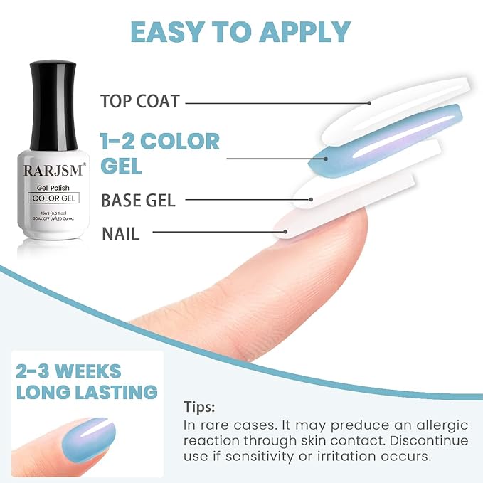 RARJSM 15ML Sky Blue Pearlescent Gel Polish - Mermaid Nail Gel Polish with Purple Glitter & Red Shimmer - Soak Off LED UV Drawing Swirl Thread Effect for DIY Manicure
