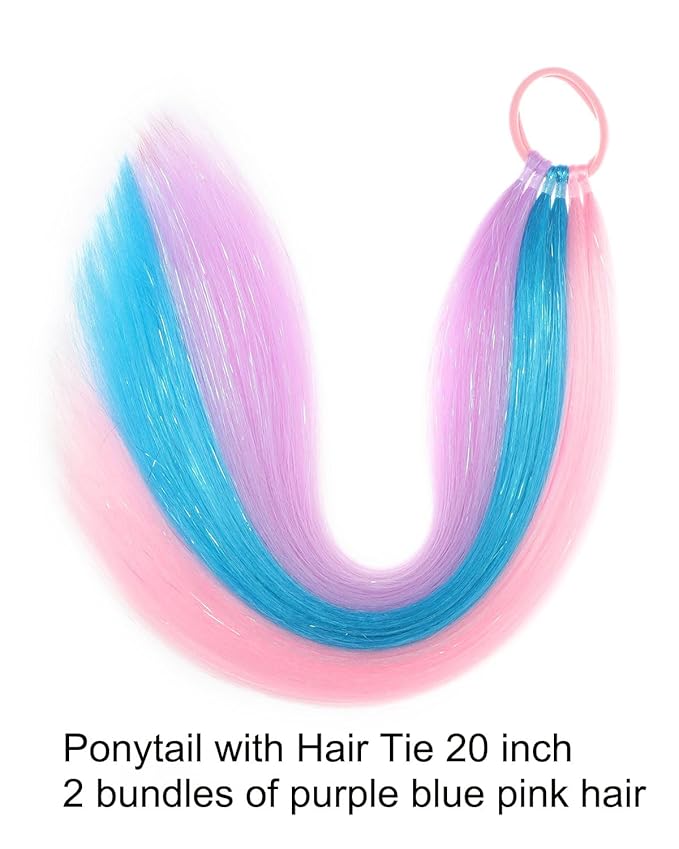 Colored Hair Extensions Blue Pink Purple Ponytail Extension Colorful 2 Packs, 20 inch Crazy Hair Day Accessories for Women, DIY Festival Wacky Rave Braids,Tinsel Mixed