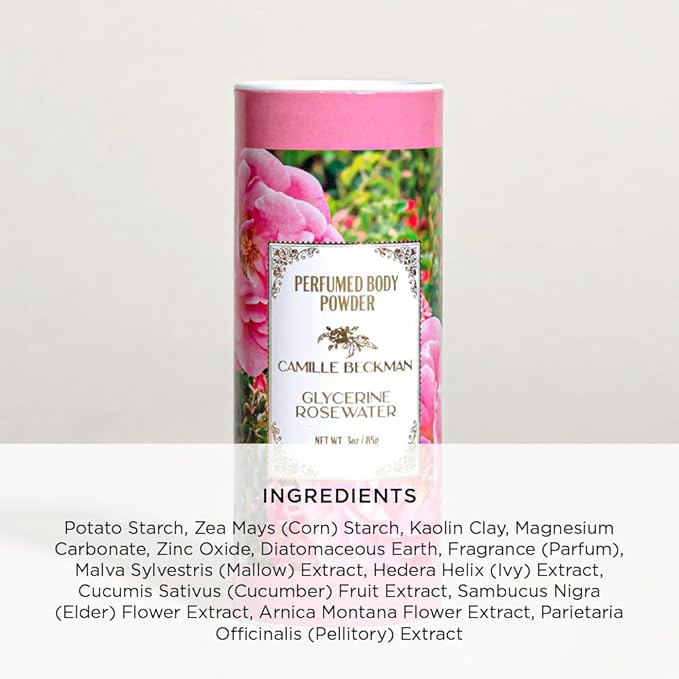 Glycerine Rosewater Scented Talc-Free Body Powder, Perfumed Dusting Powder, Camille Beckman, 3 Ounce