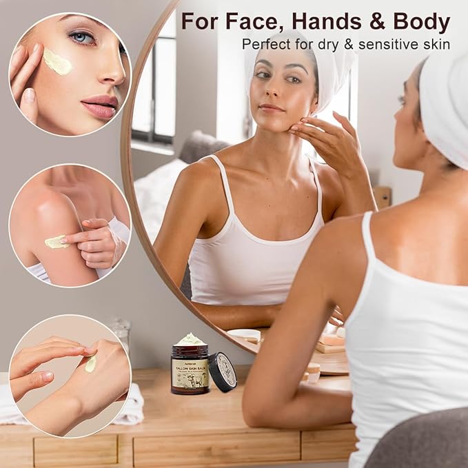Beef Tallow for Skin – Moisturizing Tallow Balm with Grass-Fed Beef Tallow, Castor Oil & Frankincense for Face & Body, Natural Nourishing Formula for Dry and Sensitive Skin