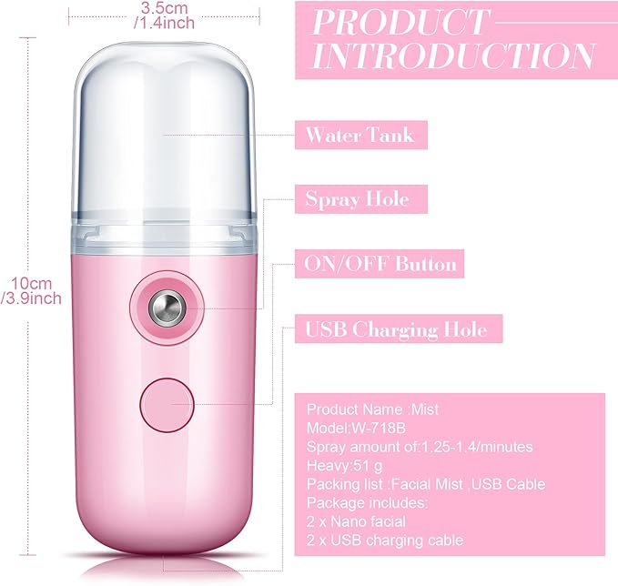 Honoson 2 Nano Facial Mister Sprayer Portable Face Nano Mister for Eyelash Extensions USB Rechargeable 1 oz Handy Skin Care Machine for Face Hydrating, Daily Makeup(Black and Pink)