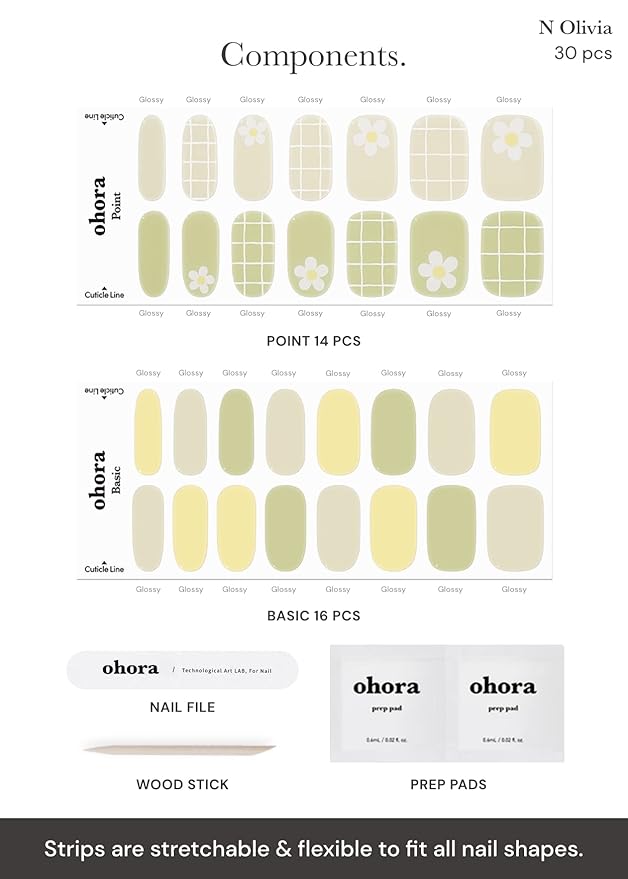 ohora Semi Cured Gel Nail Strips (N Olivia) - Green, Patterned, Works with Any UV/LED Lamps, Salon-Quality, Long Lasting, Easy to Apply & Remove - Includes 2 Prep Pads, Nail File & Wooden Stick