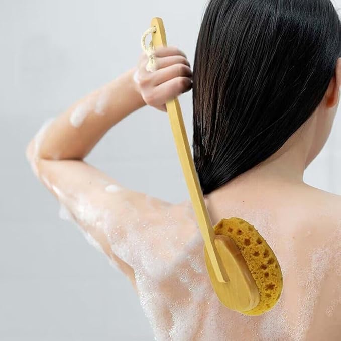 18" 2pcs Extra Long Handle Beechwood Bath Brush with Sponge - Exfoliating & Massaging Back Scrubber for Shower