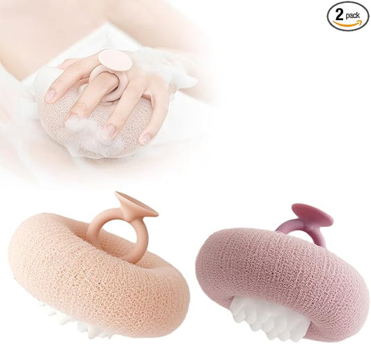 Super Soft Sunflower Suction Cup Bath Ball, 2024 Upgraded 2-in-1 Sunflower Bath Ball Exfoliating Bath Sponge Cleaning Brush, Sponge Mesh Pouf Shower Ball for Women, Men Shower (Apricot+Purple)