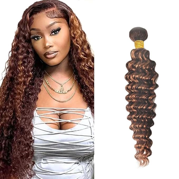 Freiuoke Brown Bundles 4/30 Deep Wave Bundles Human Hair Unprocessed Virgin Hair 1 Bundle 28 Inch Two Tone Brown Mixed Light Brown Bundle