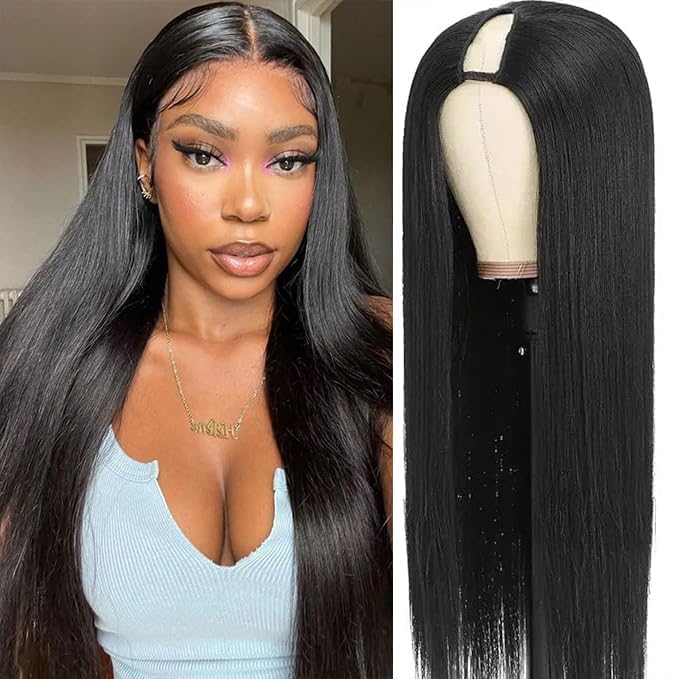 CHEETAHBEAUTY V Part Wigs Human Hair Straight V Shape Wigs for Black Women Upgrade U Part Wigs No Leave Out No Sew No Glue Clip in Half Wigs 180% Density Natural Black 20Inch