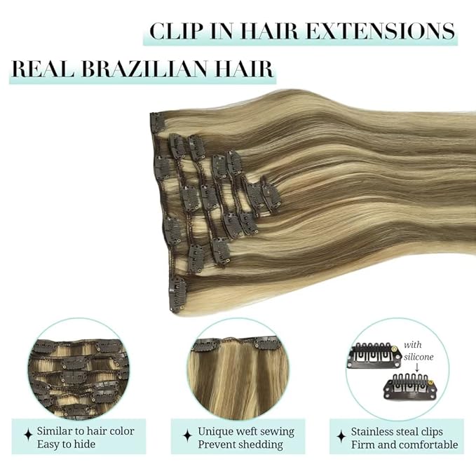 DOORES Hair Extensions Clip in Human Hair Medium Brown Highlighted Golden Blonde 120g 7pcs 18 Inch Remy Clip in Human Hair Extensions Natural Human Hair Extensions