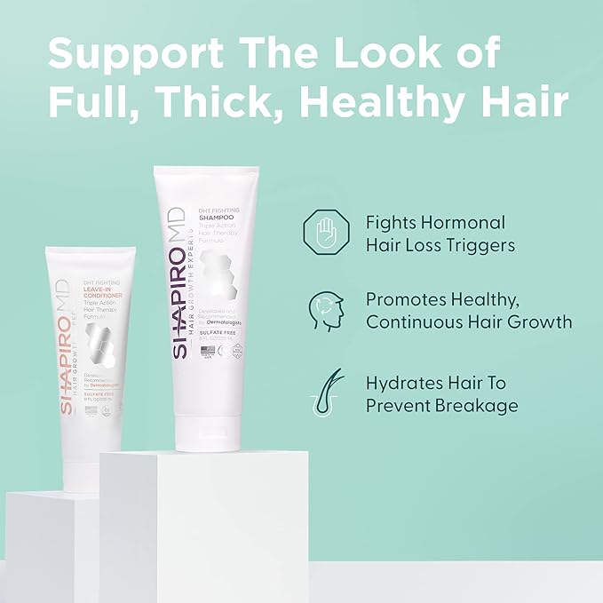 Shapiro MD Hair Growth Experts Shampoo and Leave in Conditioner, DHT Fighting Vegan Formula for Thinning Hair Developed by Dermatologists, Experience Healthier, Fuller Thicker Looking Hair, 1 Month