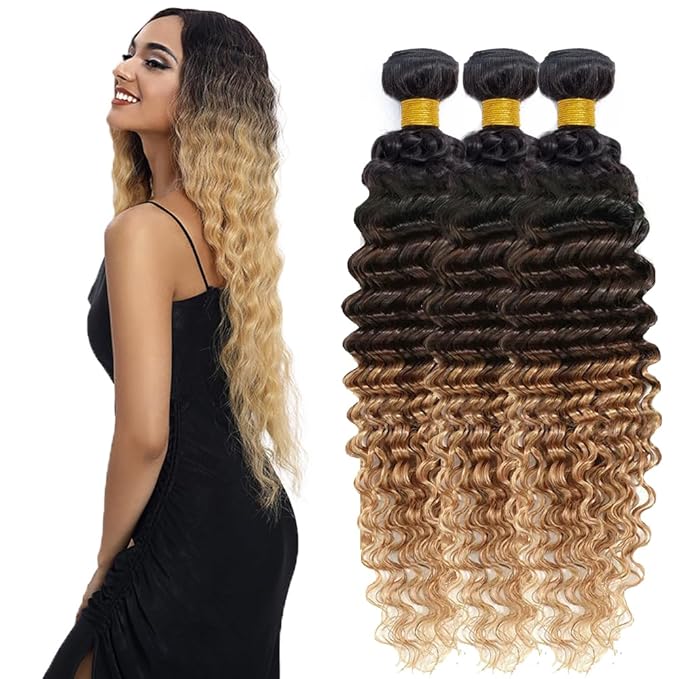 Freiuoke t1b/4/27 Deep Hair Bundle Ombre Human Hair Extensions Brazilian Virgin Remy Hair 3 Bundles 22 24 26 Inch 4/27 Human Hair Bundles