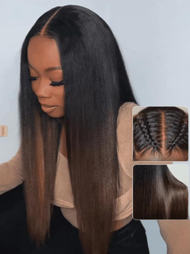 Nadula Chestnut Brown Ombre Yaki Straight Bye Bye Knots Glueless Wig Human Hair with Elastic Drawstring, Highlight Pre Cut 7x5 Invisible Knots HD Lace Front Wigs,Pre Everything Light Yaki Wig 18inch