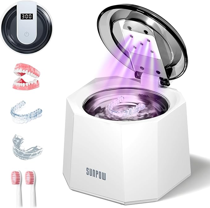 SUNPOW Ultrasonic Retainer Cleaner - 48kHz Retainer Cleaner Machine with 5 UV Lights for Dentures，Night Guards, Mouth Guards- 220ML Dental Cleaning Pod Upgrade Design