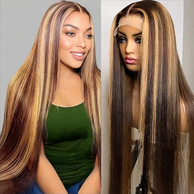 Tuneful 28 Inch 180 Density Honey Blonde Ombre 13X6 HD Lace Frontal Wig Human Hair Glueless Highlight 4/27 Colored Straight Lace Front Wigs Human Hair Pre Plucked for Women