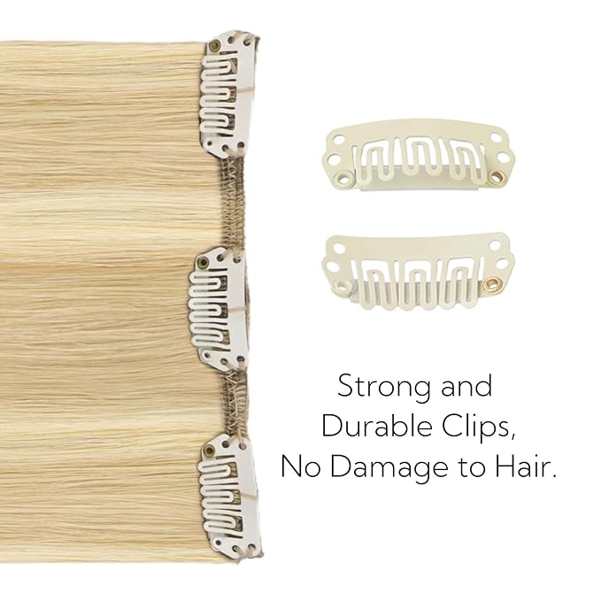 HOTBANANA Clip in Hair Extensions Real Human Hair, 5Pcs 70g 16 Inch Light Blonde Highlighted Golden Blonde Balayage Straight Remy Clip in Extensions