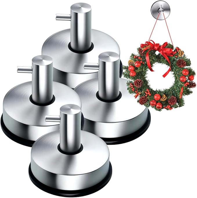 Suction Cup Hooks for Shower, 2025 New No Drill Suction Cup Hooks for Wreaths on Glass, Gold Silver Black Garland Hanger for Door Frame Wreaths Bathroom Window Mirrors (4, Silver)