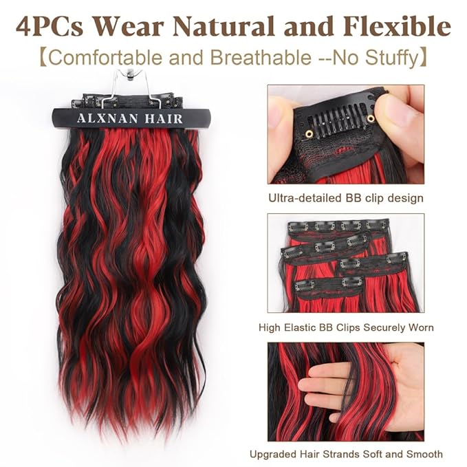 ALXNAN Clip in Long Wavy Hair Extension 20 Inch Black Red Highlights Hair Extensions 4PCS Thick Hairpieces Fiber Double Weft Hair for Women